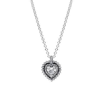 925/1000 Silver Sparkling Heart Halo Necklace, 45 cm Length - Pandora