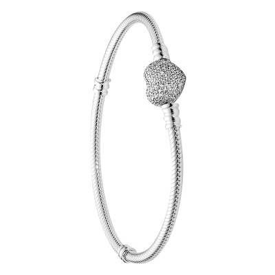 925 Silver Snake Chain Heart Clasp Bracelet, Length 17 cm to 19 cm - Pandora