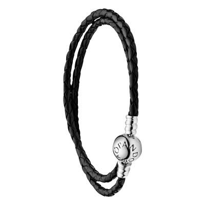 Double Bracelet en Cuir Noir & Argent 925, Longueurs 35 à 41 cm - Pandora