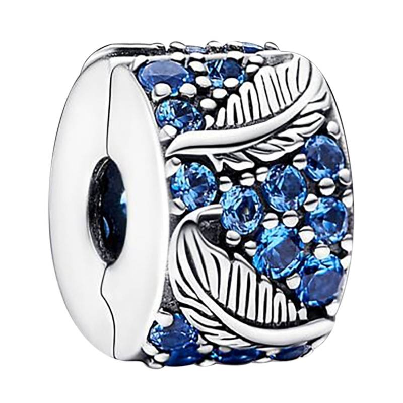 925/1000 Silver Curved Feather Clip Charm & Blue Stone - Pandora