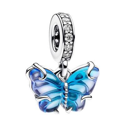 Charm Pendant Papillon en Verre de Murano Bleu et Argent 925 - Pandora