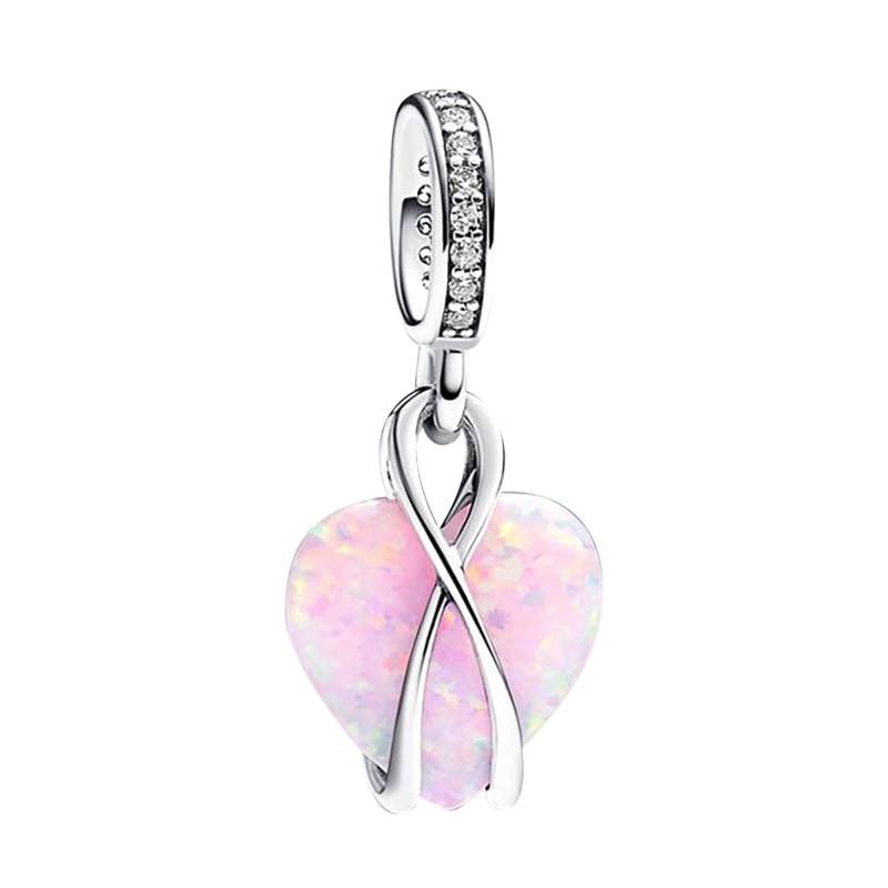 925/1000 Silver & Pink Opal Opalescent Heart Mum Pendant Charm - Pandora