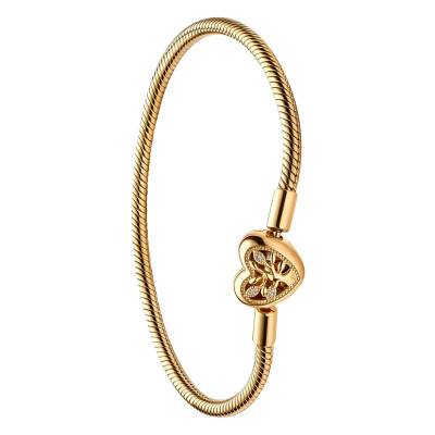 Gold-Plated Metal Family Tree Heart Clasp Snake Chain Bracelet, Length 17 cm to 20 cm - Pandora