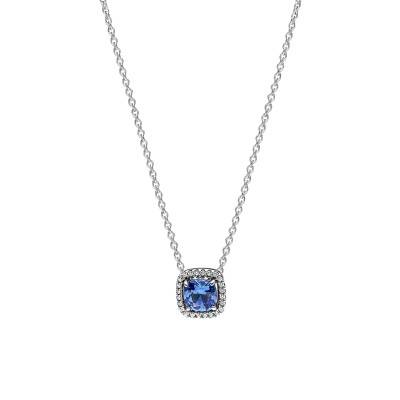 Collier à Pendentif Halo Bleu Carré Scintillant en Argent 925, Longueur 45 cm - Pandora