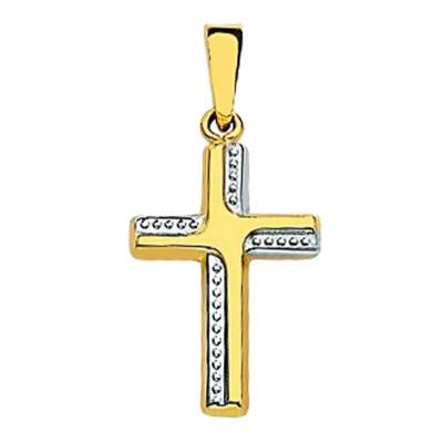 Pendentif croix bicolore Or Jaune 750 bords perles - Vandona