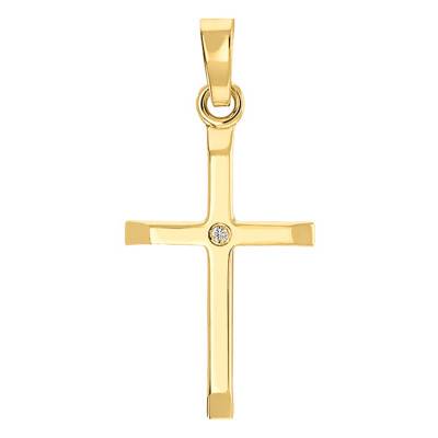750/1000 Yellow Gold Domed Cross Pendant & 0.005 ct Diamond - W/P1 - Vandona