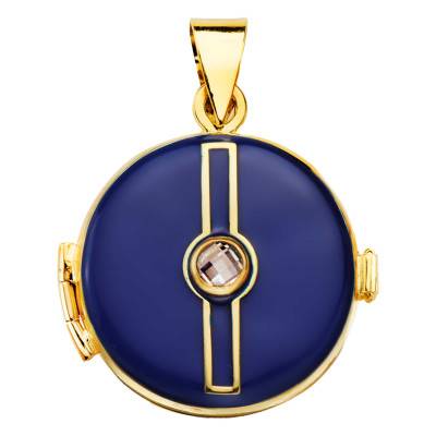 750/1000 Yellow Gold & Blue Enamel Zircon Photo Pendant, Diameter 21 mm - Lumiosa