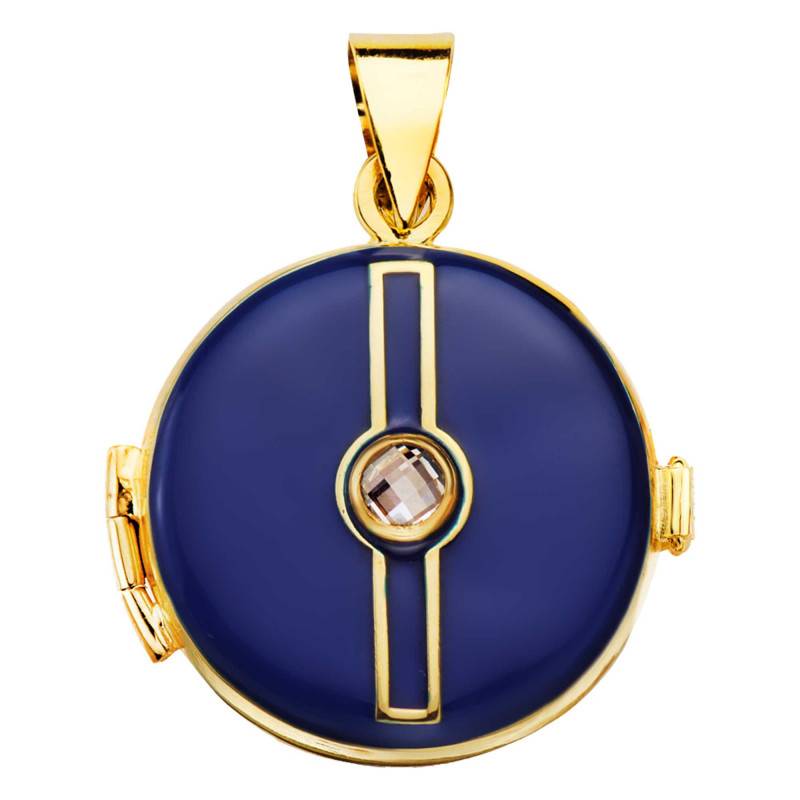 750/1000 Yellow Gold & Blue Enamel Zircon Photo Pendant, Diameter 21 mm - Lumiosa