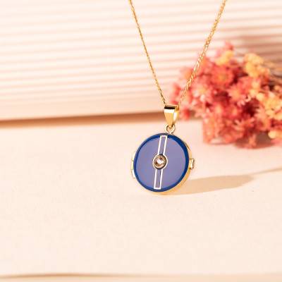 750/1000 Yellow Gold & Blue Enamel Zircon Photo Pendant, Diameter 21 mm - Lumiosa
