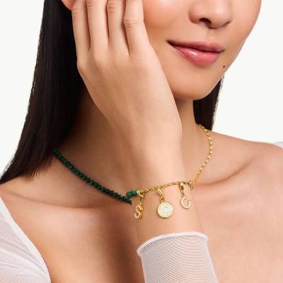 Yellow Gold-Plated & Malachite-Color Bead Charmista As We Dream Bracelet, Length 13 cm to 19 cm, Width 2.50 mm - A2130-14 - Thomas Sabo