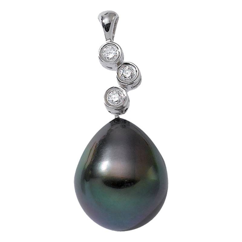 750/1000 White Gold & Tahitian Pearl Pear 10/11 mm and 0.06 ct Diamond Pendant - Négoce-îles