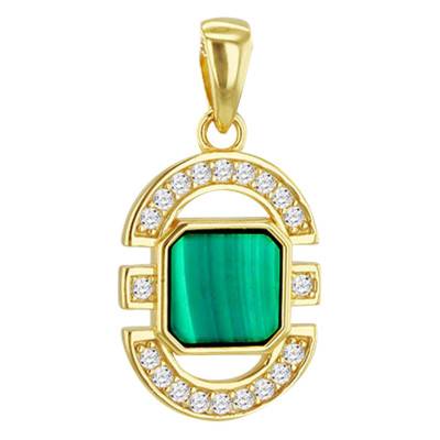 Pendentif Ovale Art Déco en Malachite, Oxydes de Zirconium & Argent 925 Doré - Aurora