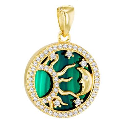 Pendentif Céleste en Argent 925 Doré, Malachite & Oxydes de Zirconium - Aurora