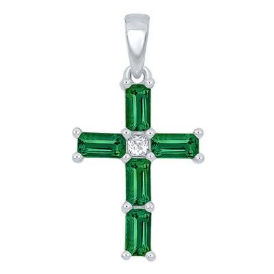 Croix émeraude rectangle et diamant Or Blanc 375 ou 750 - Orphée