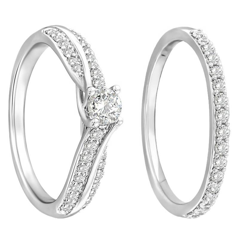 Duo White Gold 750/1000 Diamond GSI2 Solitaire Engagement Ring & Half Eternity Wedding Ring - Alliantine