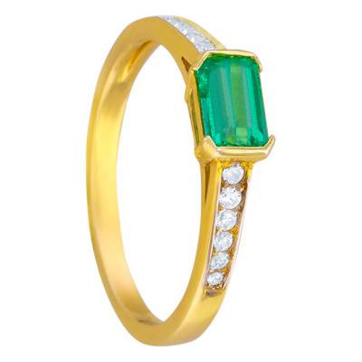 Yellow 750/1000 Gold & Diamond 0,12 ct Emerald 0,35 ct Solitaire Ring with Side Stones - Ancelys