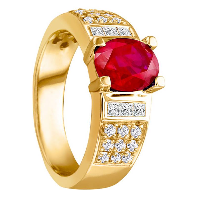 750 Yellow Gold Accompanied Solitaire Engagement Ring with 0.42 ct Diamonds and 1.30 ct Ruby - Ancelys