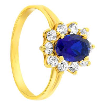 375/1000 Yellow Gold Oval Daisy Ring with Synthetic Sapphire 1.06 ct and White Cubic Zirconia Halo - Aurora