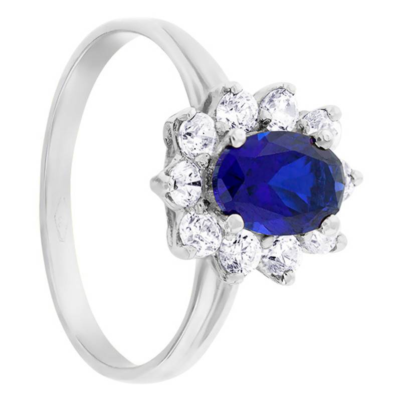375/1000 White Gold Oval Daisy Ring with Synthetic Sapphire 1.06 ct and White Cubic Zirconia Halo - Aurora