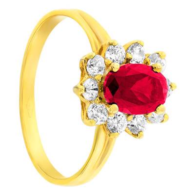 375/1000 Yellow Gold Daisy Ring with Synthetic Ruby 1.06 ct and Cubic Zirconia Halo - Aurora