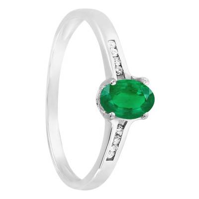750/1000 White Gold Diamond 0.06 ct and Emerald 0.59 ct Solitaire Ring with Side Stones - Aurora