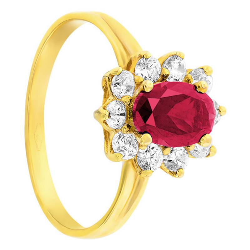 750/1000 Yellow Gold & 1.06 ct Synthetic Ruby Daisy Ring with Cubic Zirconia Halo - Aurora