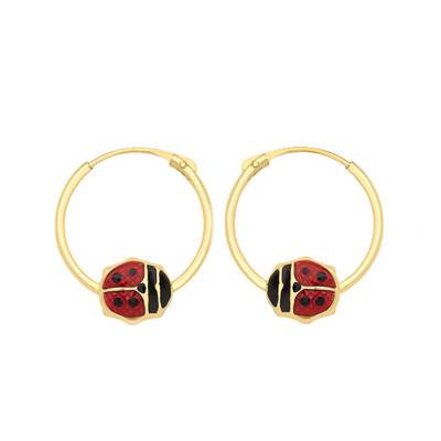 Créoles Enfants Coccinelles Rouge en Or Jaune 375, Diamètre 12 mm - Bambins