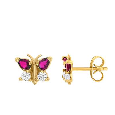 375/1000 Yellow Gold, Cubic Zirconia & Ruby Butterfly Earrings - Bambins