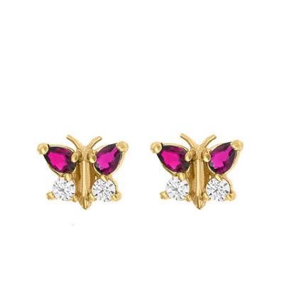 375/1000 Yellow Gold, Cubic Zirconia & Ruby Butterfly Earrings - Bambins