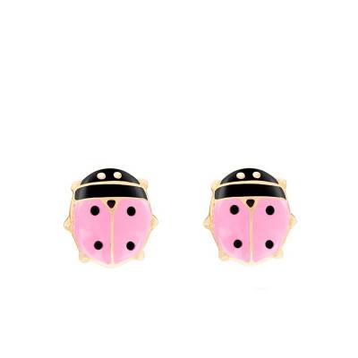 Yellow Gold Pink Ladybug Stud Earrings - Bambins