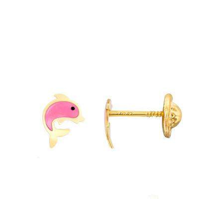 Pink Dolphin Stud Earrings in Yellow Gold & Enamel - Bambins
