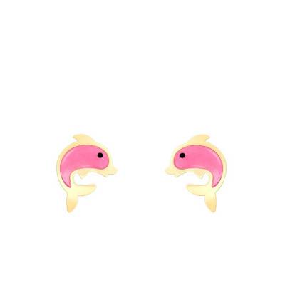 Pink Dolphin Stud Earrings in Yellow Gold & Enamel - Bambins