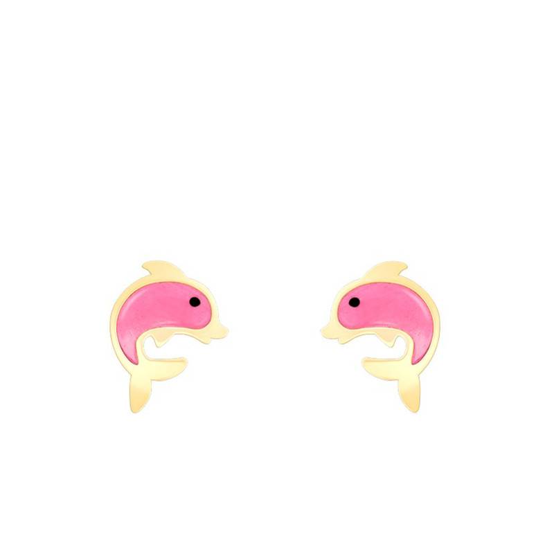 Pink Dolphin Stud Earrings in Yellow Gold & Enamel - Bambins