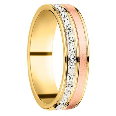 Alliance Ruban Confort Hudson en 3 Ors Jaune Polie aux Bandes Grise Diamantée et Rose Sablée 750, Largeur 5 mm - Gaïa