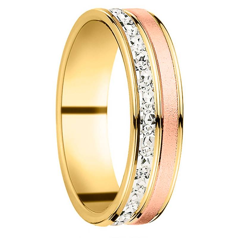 Alliance Ruban Confort Hudson Jaune Polie aux Bandes Grise Diamantée et Rose Sablée en 3 Ors Jaune 750, Largeur 5 mm - Fair'Belle