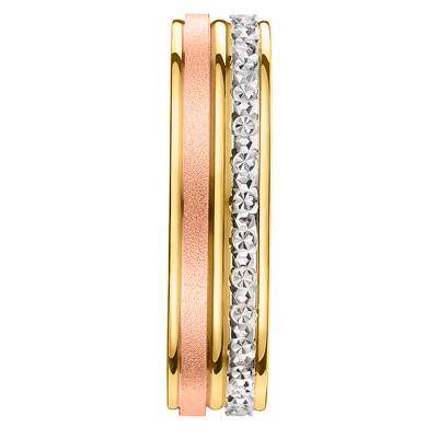 Alliance Ruban Confort Hudson en 3 Ors Jaune Polie aux Bandes Grise Diamantée et Rose Sablée 750, Largeur 5 mm - Gaïa