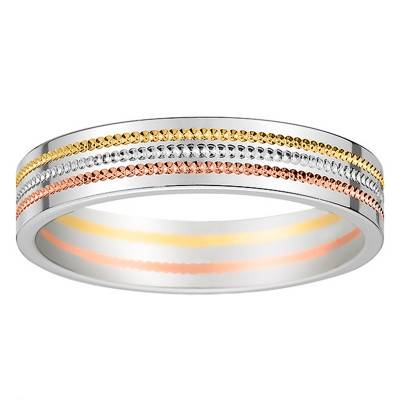 750/1000 3-Color Gold Standard Ribbon Gange Beaded Wedding Ring, 4.50 mm Wide - Fair'Belle