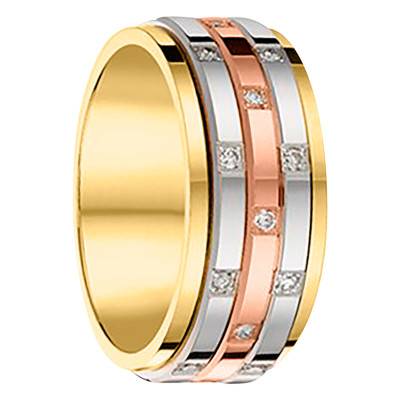 3-Tone 750 Gold & 0.22 ct Diamond Layered Ribbon Standard Wedding Ring, Width 7.5 mm - Fair'Belle