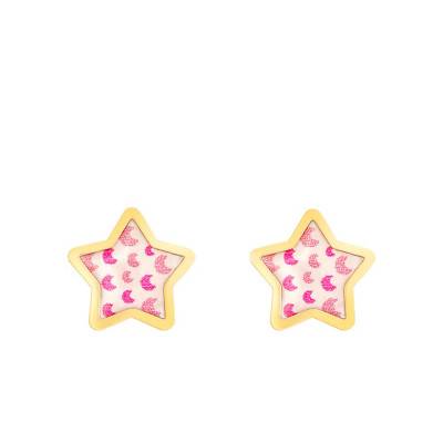 Pink Moon Star Stud Earrings in Yellow Gold - Bambins