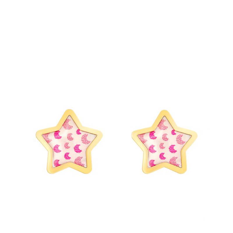 Pink Moon Star Stud Earrings in Yellow Gold - Bambins