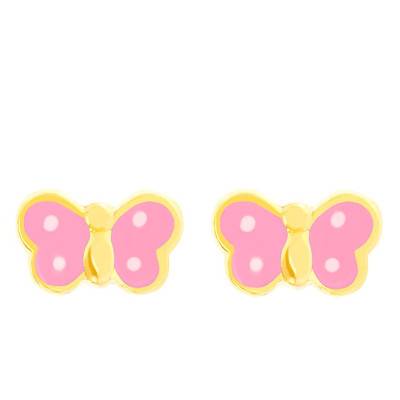 Pink Enamel Butterfly Stud Earrings in Yellow Gold - Bambins