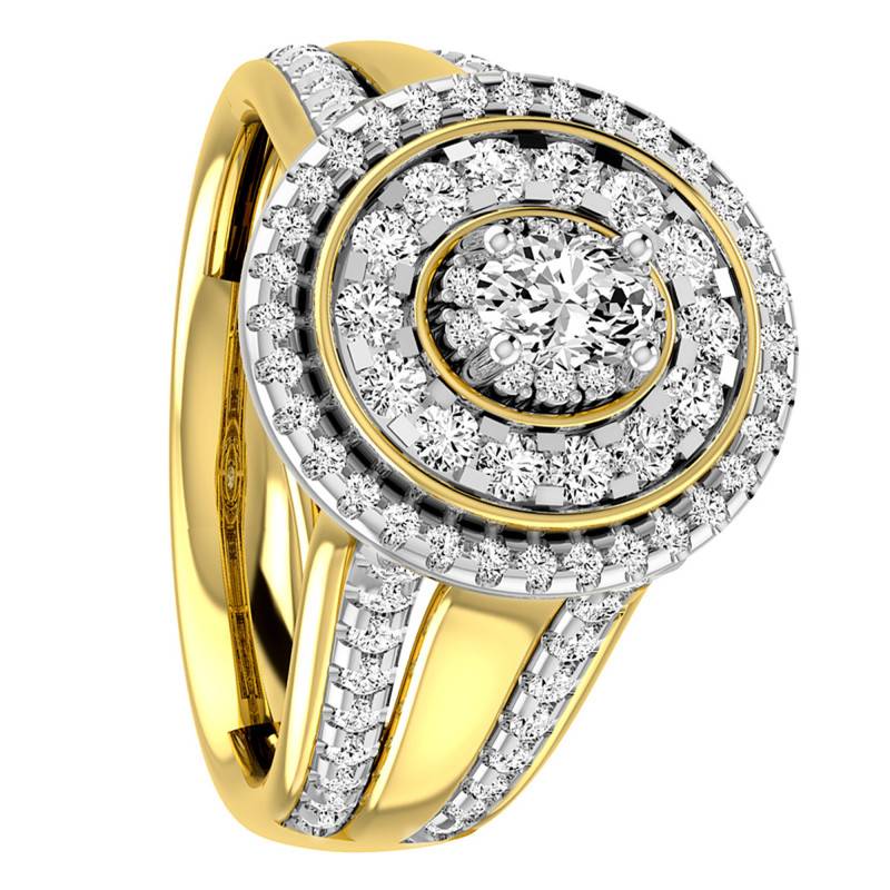 750 Rhodium-Plated Yellow Gold Diamond Halo Engagement Ring with 0.30 ct H SI1 Center Diamond and 0.95 ct Diamond Halo - Divine