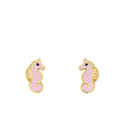 Pink Seahorse Stud Earrings in 375/1000 Yellow Gold - Bambins