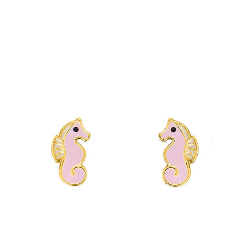 Pink Seahorse Stud Earrings in 375/1000 Yellow Gold - Bambins