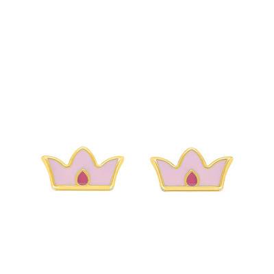 Pink Crown Kids Stud Earrings in 375/1000 Yellow Gold - Bambins