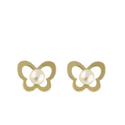 750 Yellow Gold & Cultured Pearl Butterfly Stud Earrings - Bambins