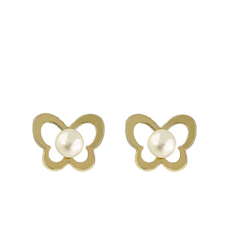 750 Yellow Gold & Cultured Pearl Butterfly Stud Earrings - Bambins