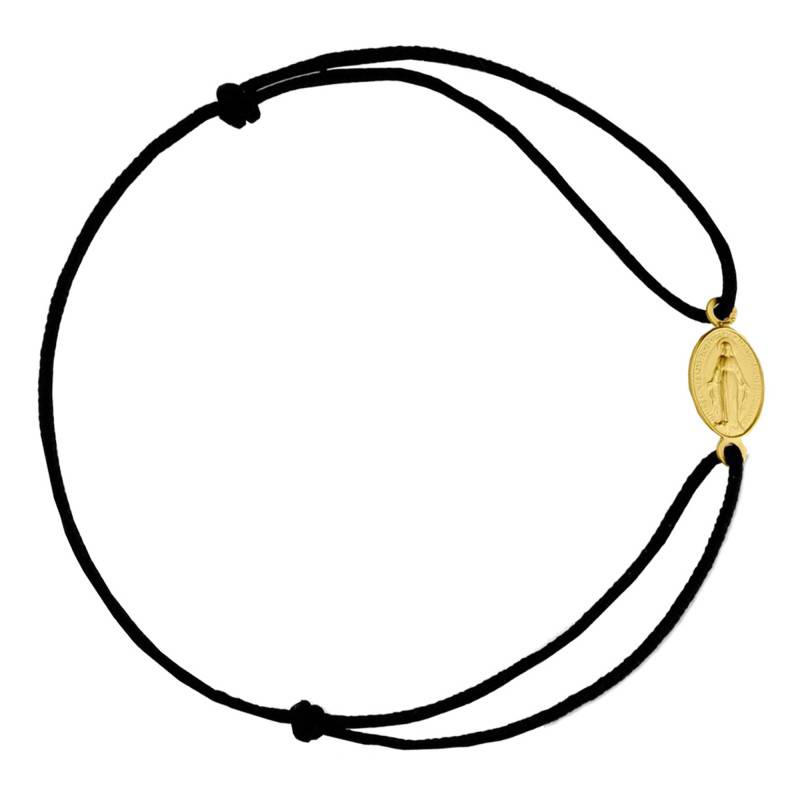 Black Cord Bracelet with Miraculous Virgin Mary Medal in 750 Yellow Gold, Adjustable Length - Augis