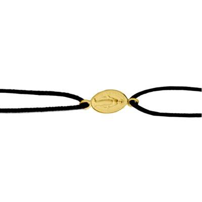Black Cord Bracelet with Miraculous Virgin Mary Medal in 750 Yellow Gold, Adjustable Length - Augis