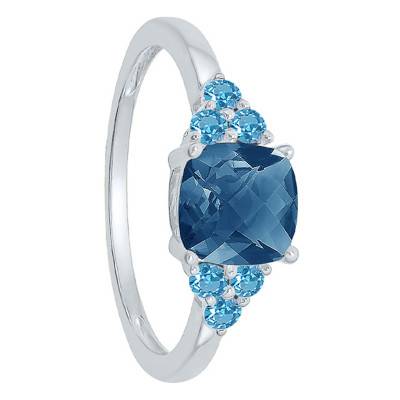 London Blue Cushion Topaz White 750/1000 Gold Shouldered Solitaire Ring - Aurora